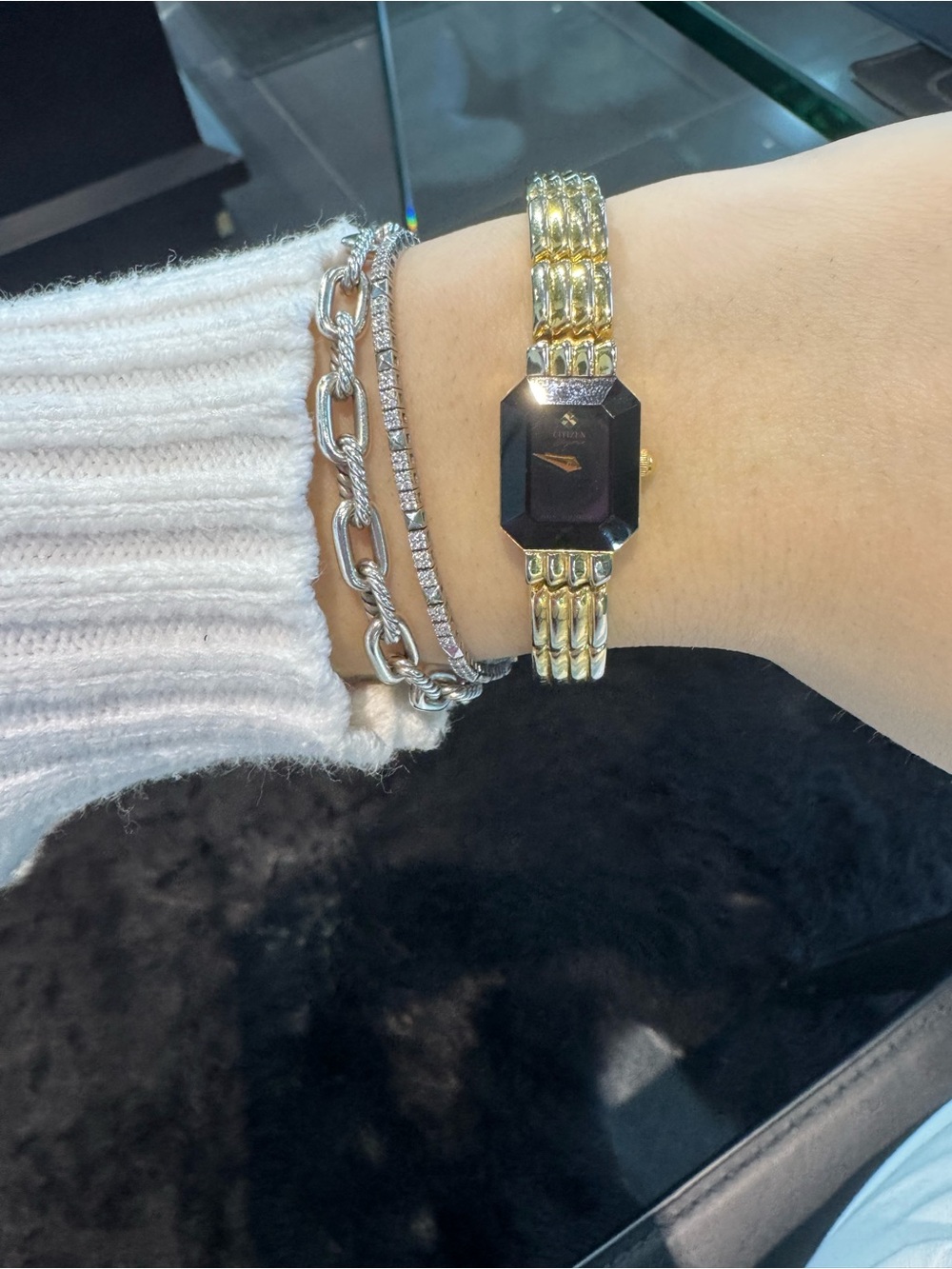 Vintage Citizen Elegance Women's Quartz Watch | Black Faceted Dial Two-Tone Band